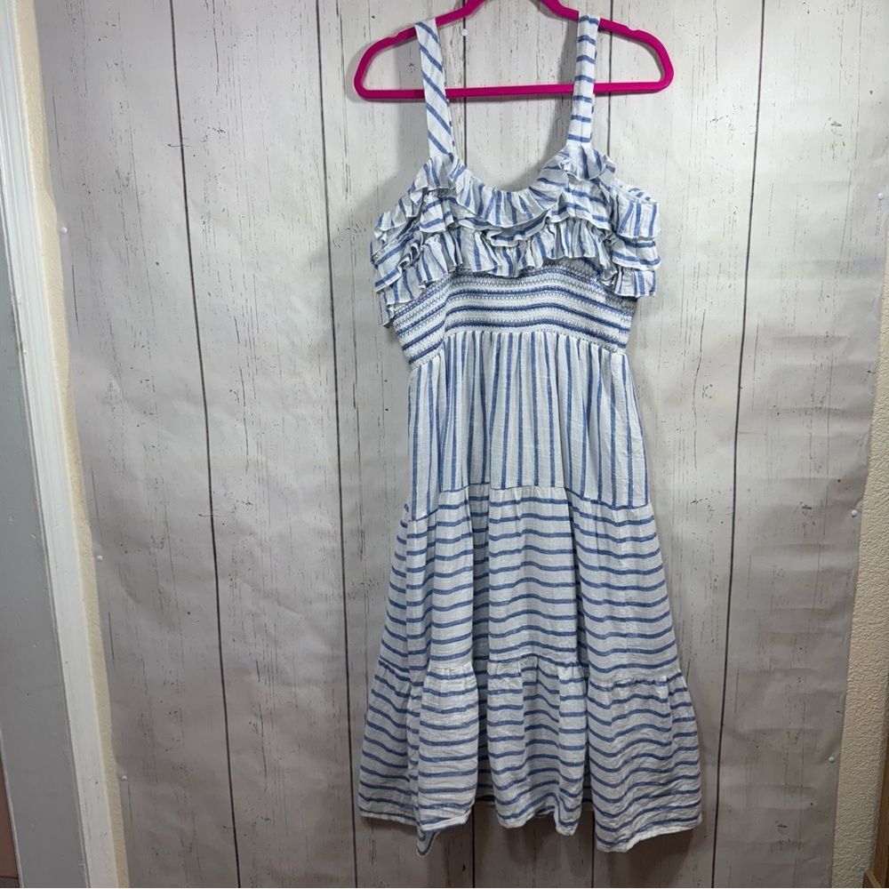 Reba Blue & White Striped Ruffle Midi Dress L Coastal Cowgirl Cottagecore Resort